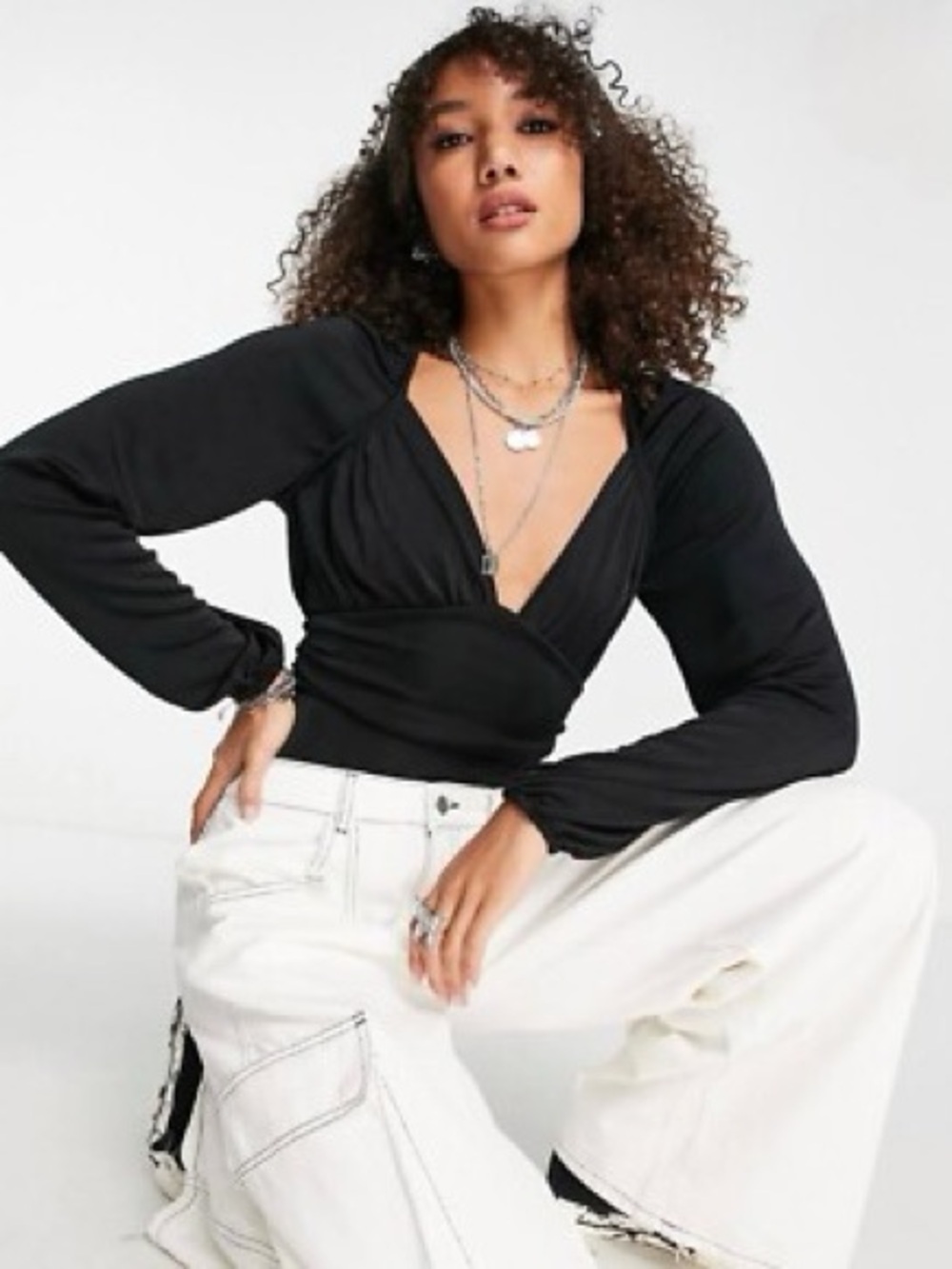 Free People Intimately In Your Arms Bodysuit Black Plunge V Long Sleeve Large